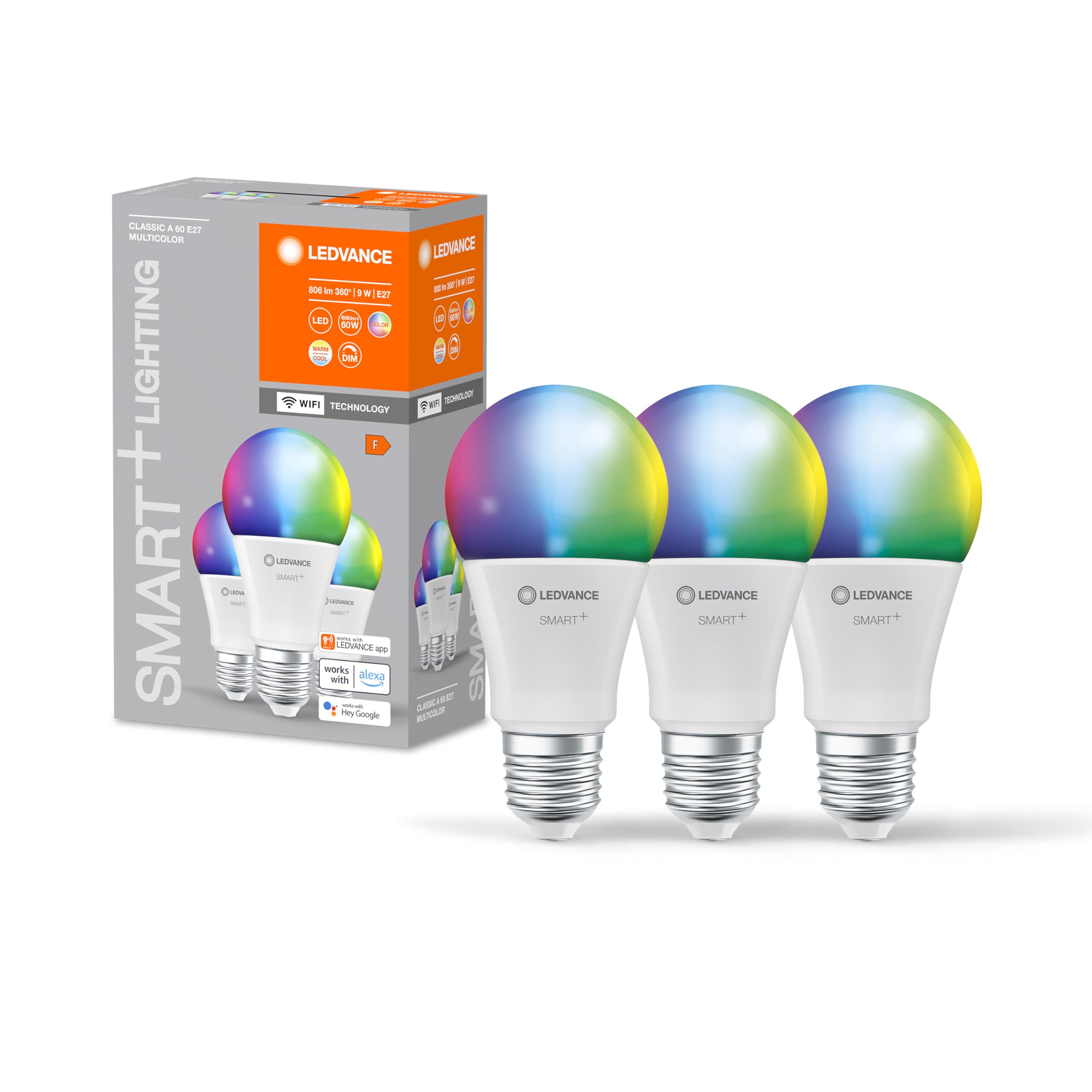 LEDVANCESmart LED lamp with WiFi Technology, E27-base matt Optics,RGBW Colours Changeable, Light Colour Changeable (2700K-6500K), 806 Lumen, 60W-Replacement, Smart dimmable, 3-Pack