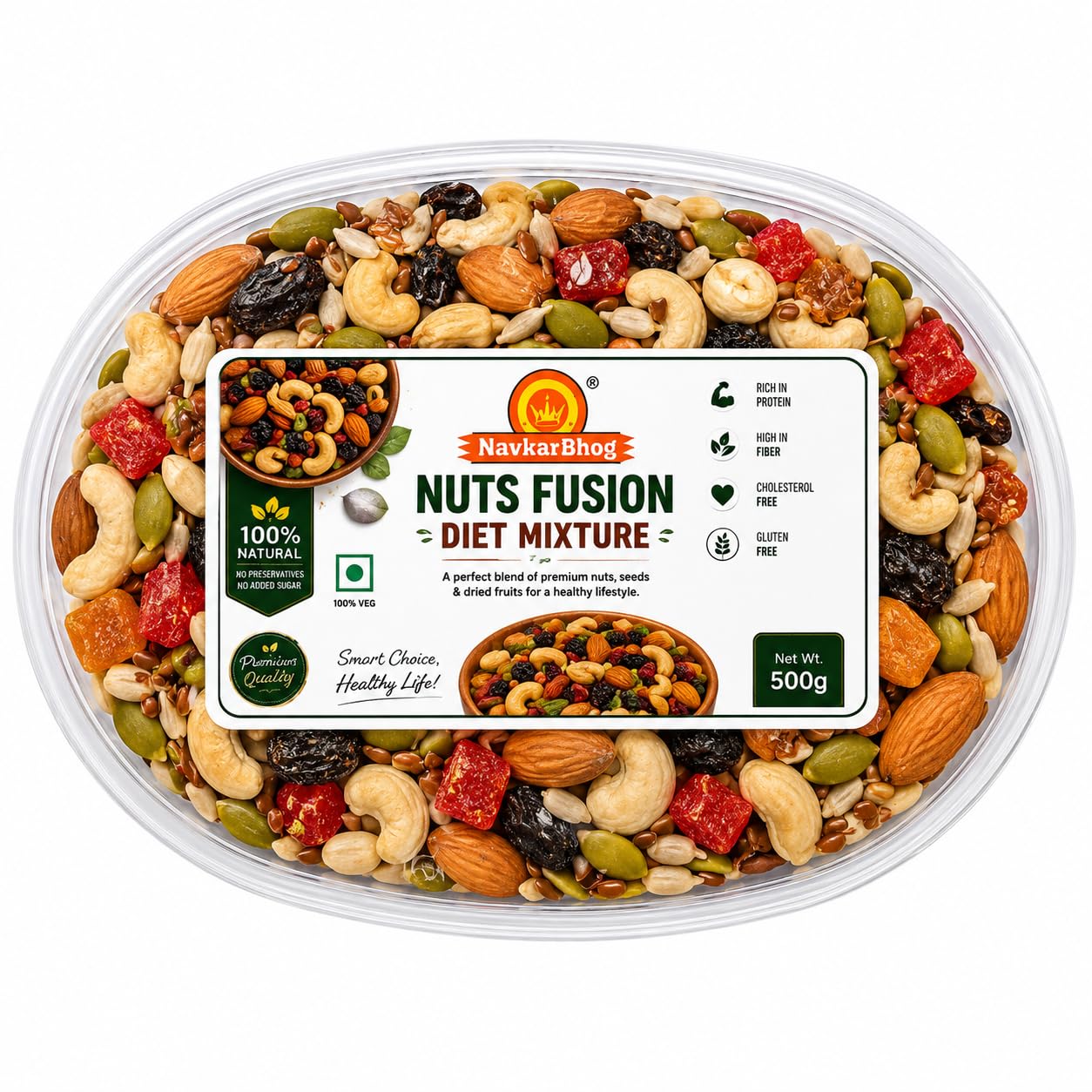 NavkarBhog Nuts Fusion Diet Mixture 500g | Premium Dry Fruits, Nuts & Superfood Mix | Almonds, Cashews, Walnuts, Pumpkin, Sunflower & Raisins | High Protein | High Fiber | No Added Sugar-picture-21