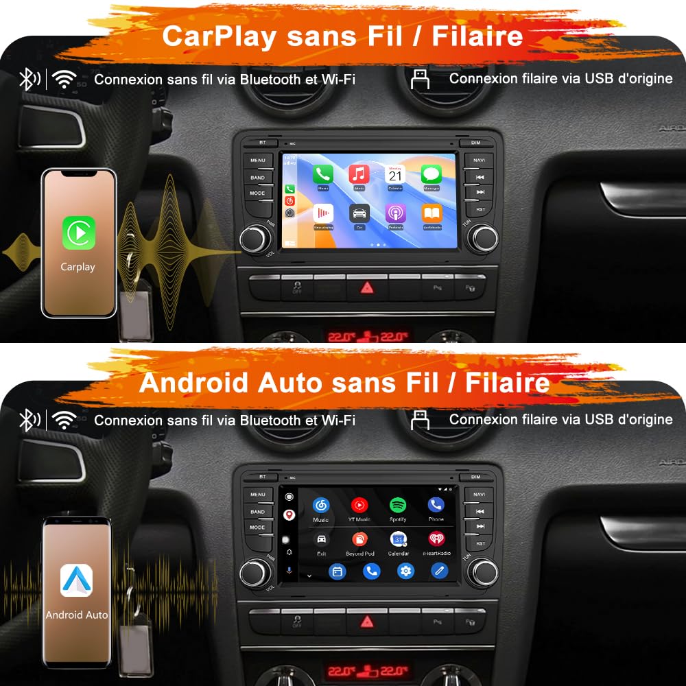 AWESAFE Autoradio Android 15 pour Audi A3 S3 RS3 8P (2003-2012), 7 Pouces Écran Tactile 2Go+32Go, CarPlay & Android Auto, GPS WiFi Bluetooth USB FM, Commandes au Volant