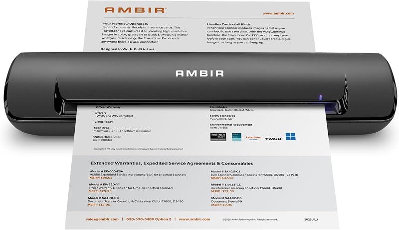 Ambir ImageScan Pro 490i (DS490-AS) Duplex Document and Card Scanner with AmbirScan