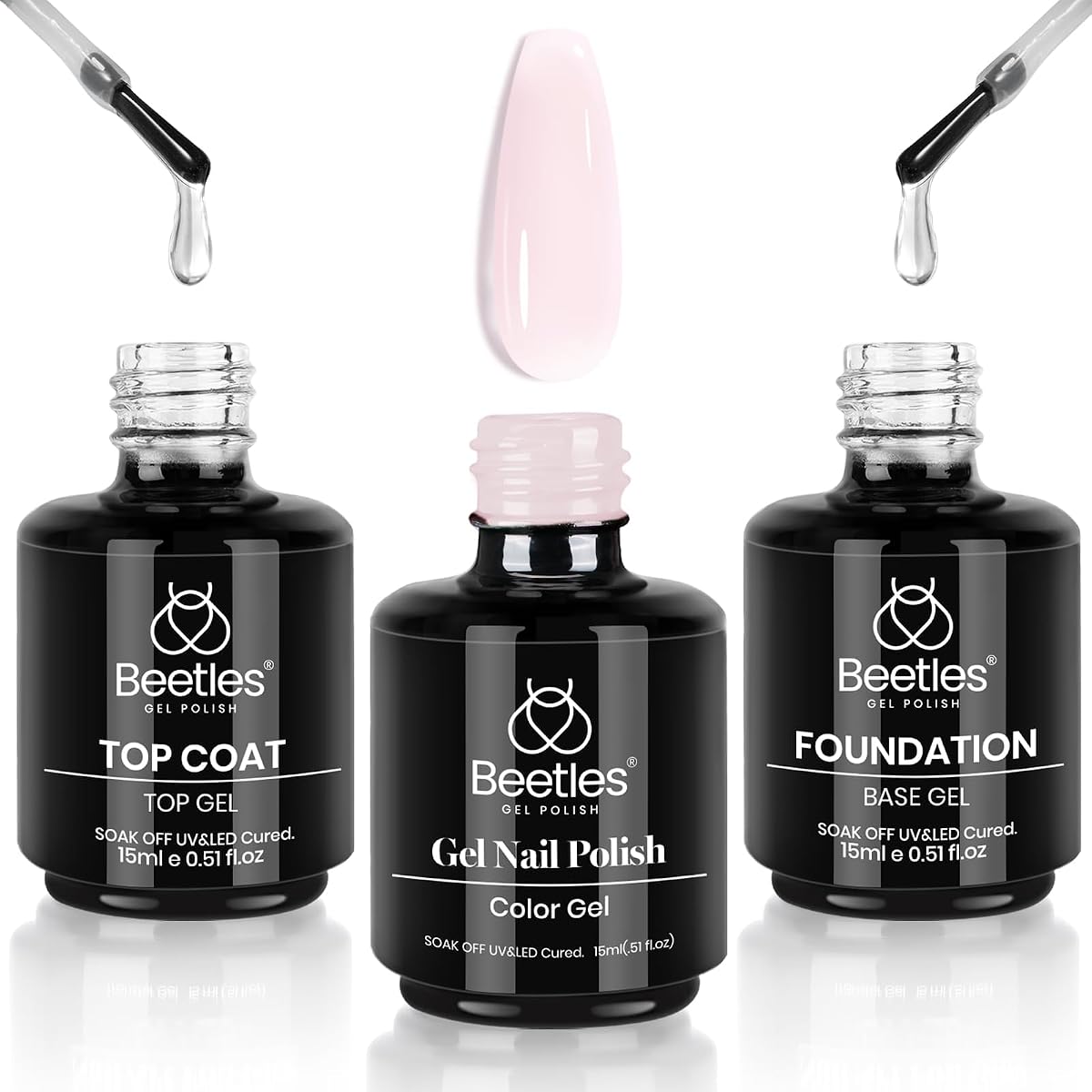 Beetles Gel Nail Polish Kit 3pcs 15ml Base Top Coat Jelly Pink Set | Jelly pink gel polish set includes base and top coat for easy DIY manicures.
