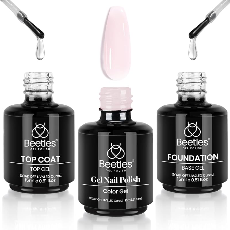 Beetles Gel Nail Polish Kit 3pcs 15ml Base Top Coat Jelly Pink Set | Jelly pink gel polish set includes base and top coat for easy DIY manicures.
