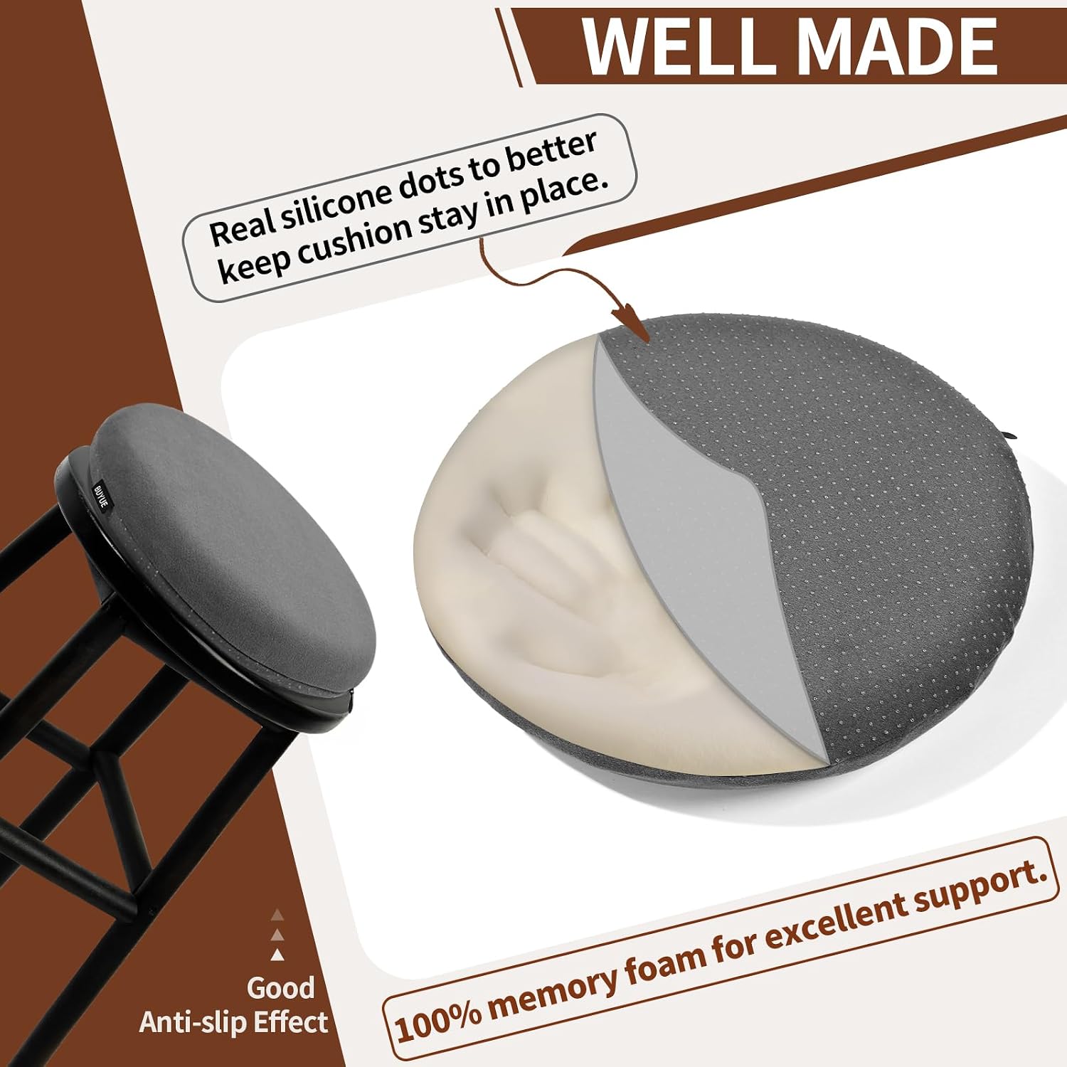 BUYUE Memory Foam Seat Cushion, Dia 13" Soft Velvet Round Stool Cushion Anti-Slip Chair Pads, S, Dark Grey