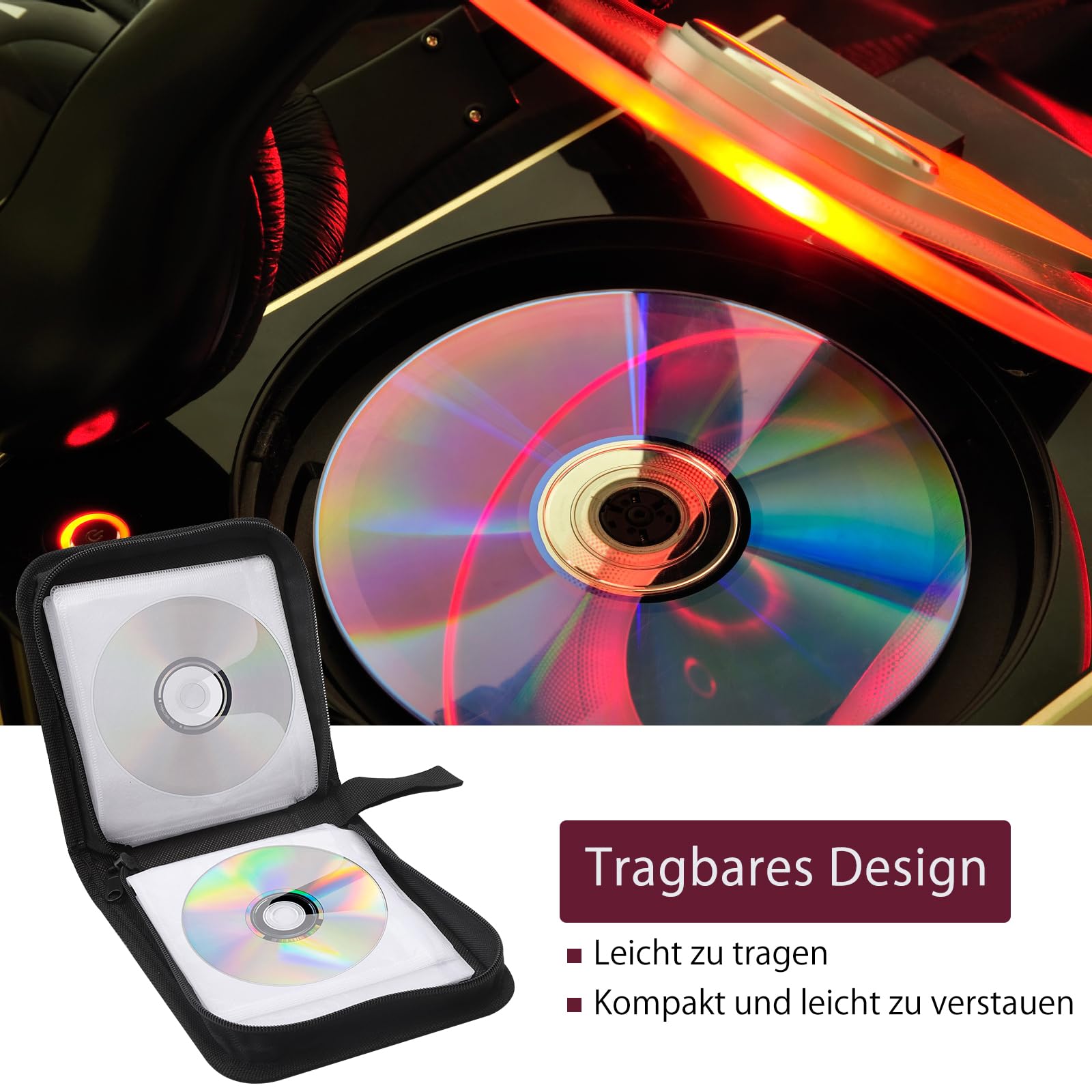 HENGBIRD 2 Pièces Pochette Range CD Pochette CD Rangements pour CD et DVD pour 40 CD, DVD Organisateur pour Voiture et Maison, Gain de Place pour Le Bureau, Le Salon et La Maison, Rouge et Noir