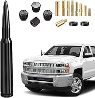 Vista 22 de Antena de bala para camión con bandera de Estados Unidos con tapas de vástago de válvula, mástil para GM Chevy Silverado 1500 2500 3500 HD Ford F150