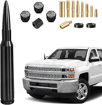 Car Truck Bullet Antenna with Valve Stem Caps Mast for GM Chevy Silverado 1500 2500 3500 HD Ford F150 F250 F350 Denali Heavy Pickup Truck Accessories Black - Carwash Safe-Anti