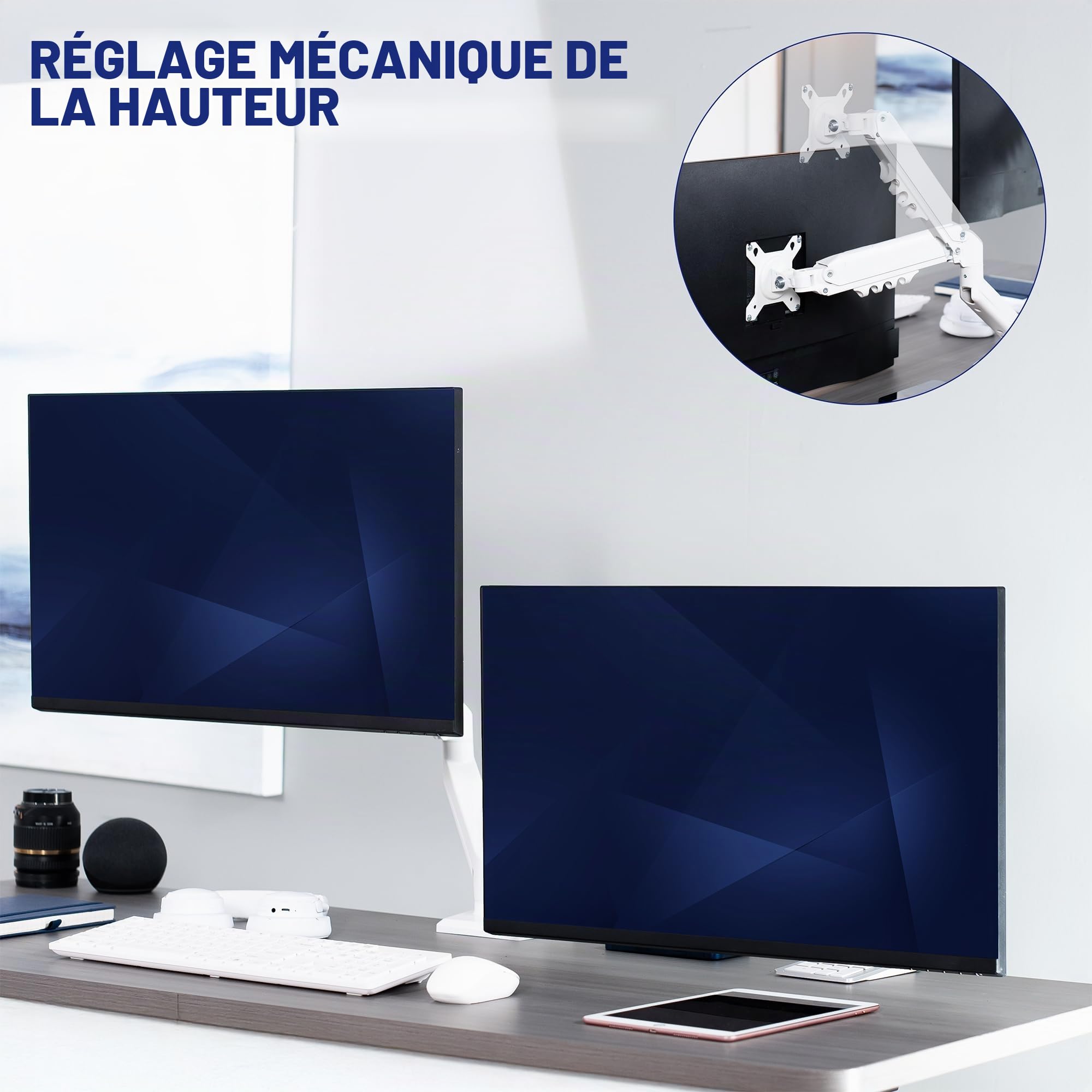 Vivo STAND-V102OW Support articulé à Double Bras pneumatique à Ressort pour 2 écrans avec VESA Max 100 x 100 cm Blanc