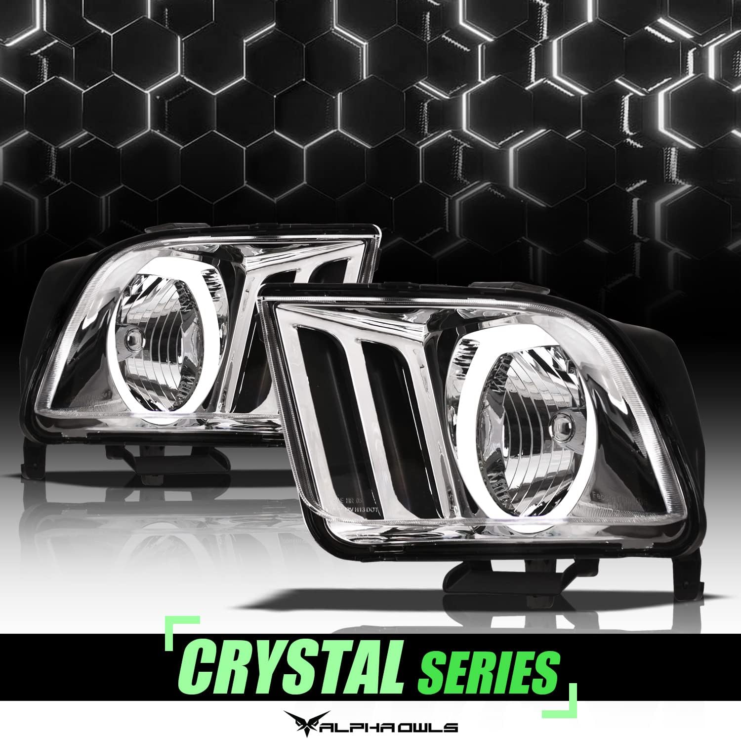Alpha Owls 8711736 Crystal Headlights With White LED Halo - Chrome Fits 2005-2009 Ford Mustang Halogen Models