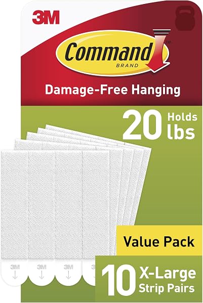 Close-up of Command 20 Lb XL Heavyweight Picture Hanging Strips, showing the adhesive backing and interlocking mechanism.