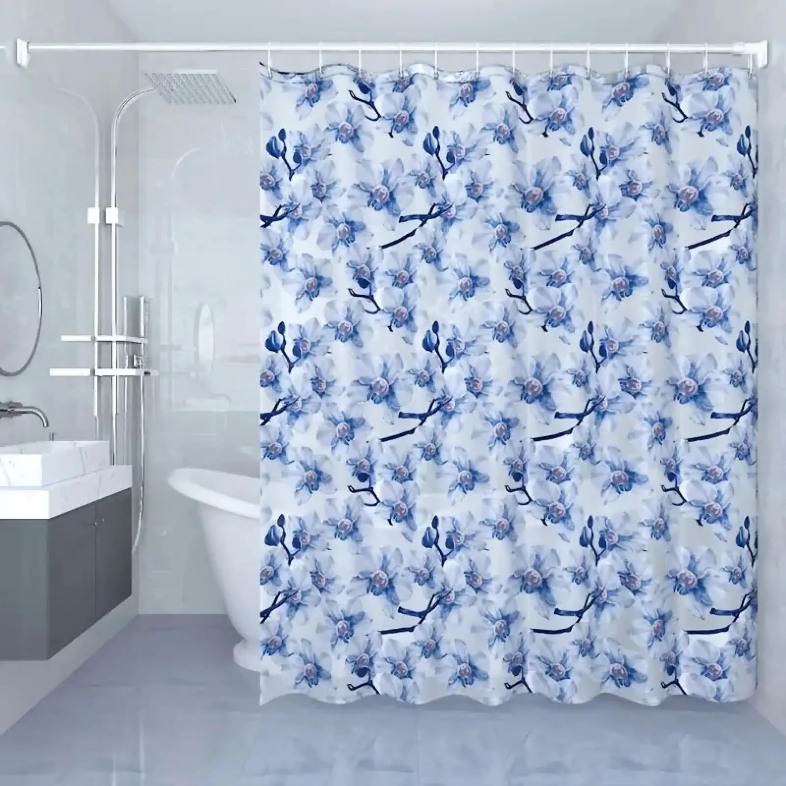 Blaues Pflaumenblütenmuster, klassischer Blauer Druck, wasserdichter Vorhang, chinesischer Badezimmervorhang, wasserdicht, leicht zu reinigen, 180 x 200 cm (B x H)