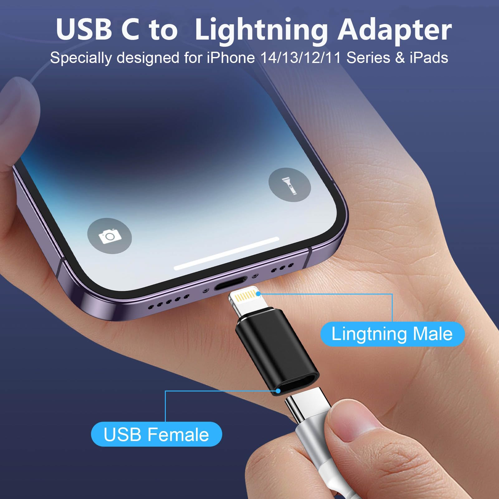 Adattatore USB C a Lightning, 2 pezzi, adattatore Lightning USB C, supporta la ricarica/sincronizzazione dati, adattatore iPhone per iPhone 14/13/12/11, non per cuffie/audio/OTG