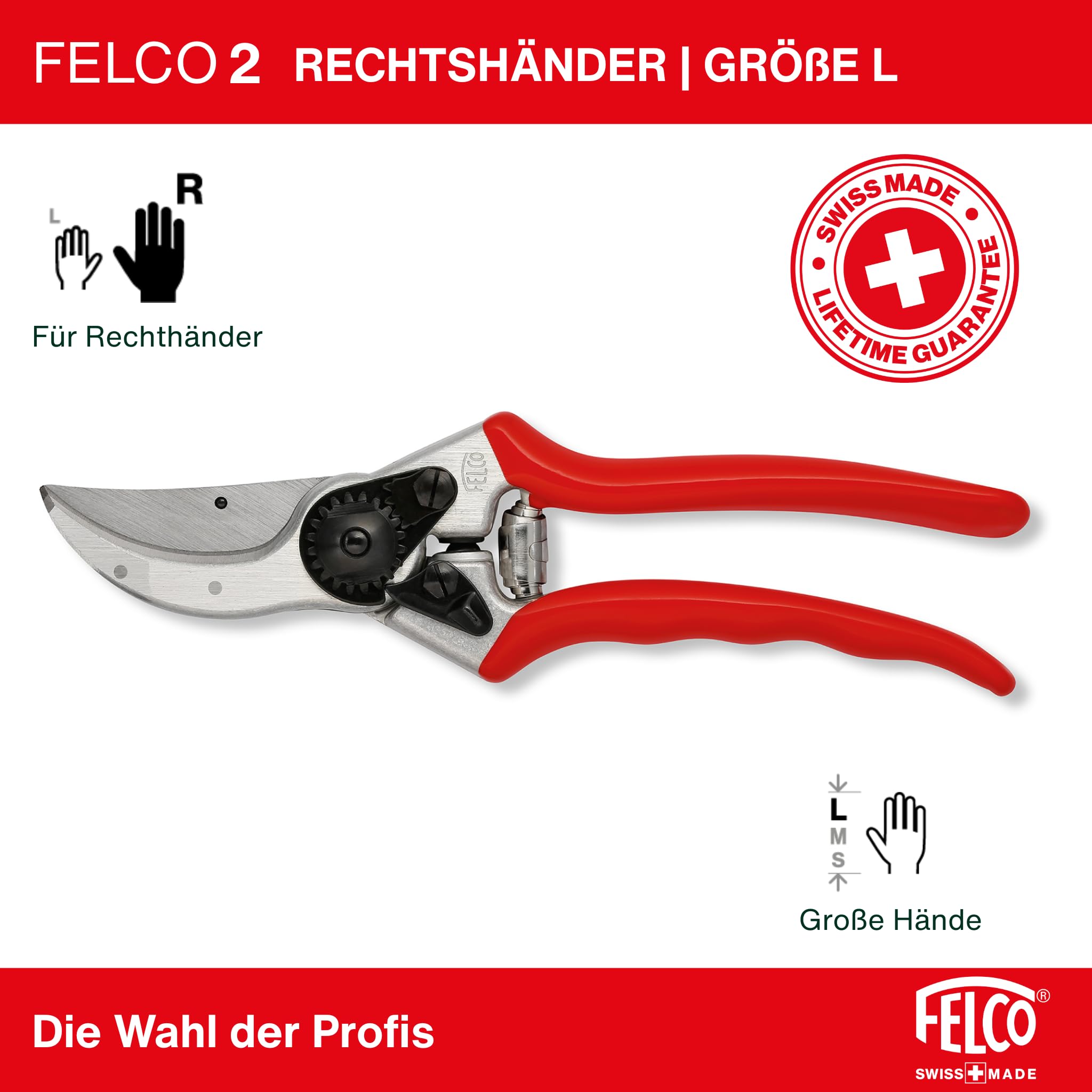 FELCO 2 professionelle Bypass-Gartenschere für Rechtshänder, 41 mm gehärtete Stahlklinge, geschmiedete Aluminiumgriffe, robustes Werkzeug für mittelgroße bis große Hände, 25 mm Schnitt, Swiss Made