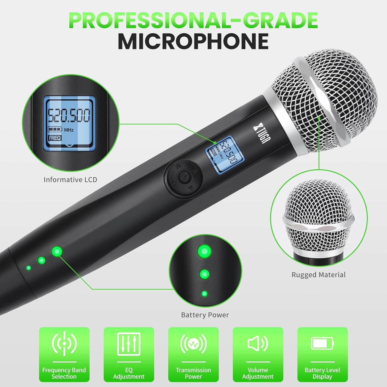 XTUGA Wireless Microphone System Quad Channel Wireless Mic w/ 4x50 UHF Frequencies,Auto Paring,650Ft Range,True Diversity Metal Cordless Handheld for Church, Karaoke, Party(LSY-104) - Image 2