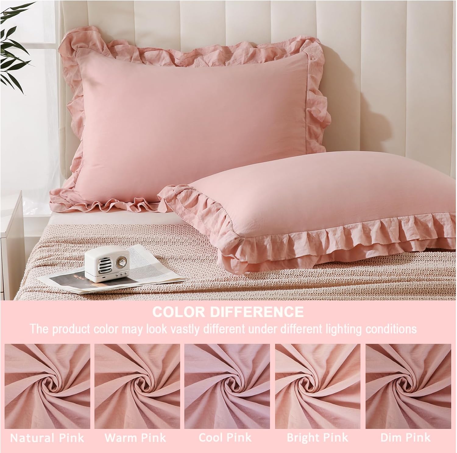 Bedbay King Pillow Cases Set of 2,Pink Ruffle Pillow Shams,Shabby Chic Pillow Cases King Size,Vintage Ruffled Decorative Pillow Covers,20x36 Inches Soft Microfiber Boho Bed Pillowcases 2 Pack