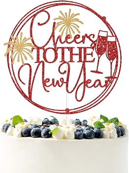 Red Glitter Cheers to the New Year Cake Topper, Cheers to 2026/Happy New Year, 2026 New Years Eve Christmas Holiday Party Decorations Supplies