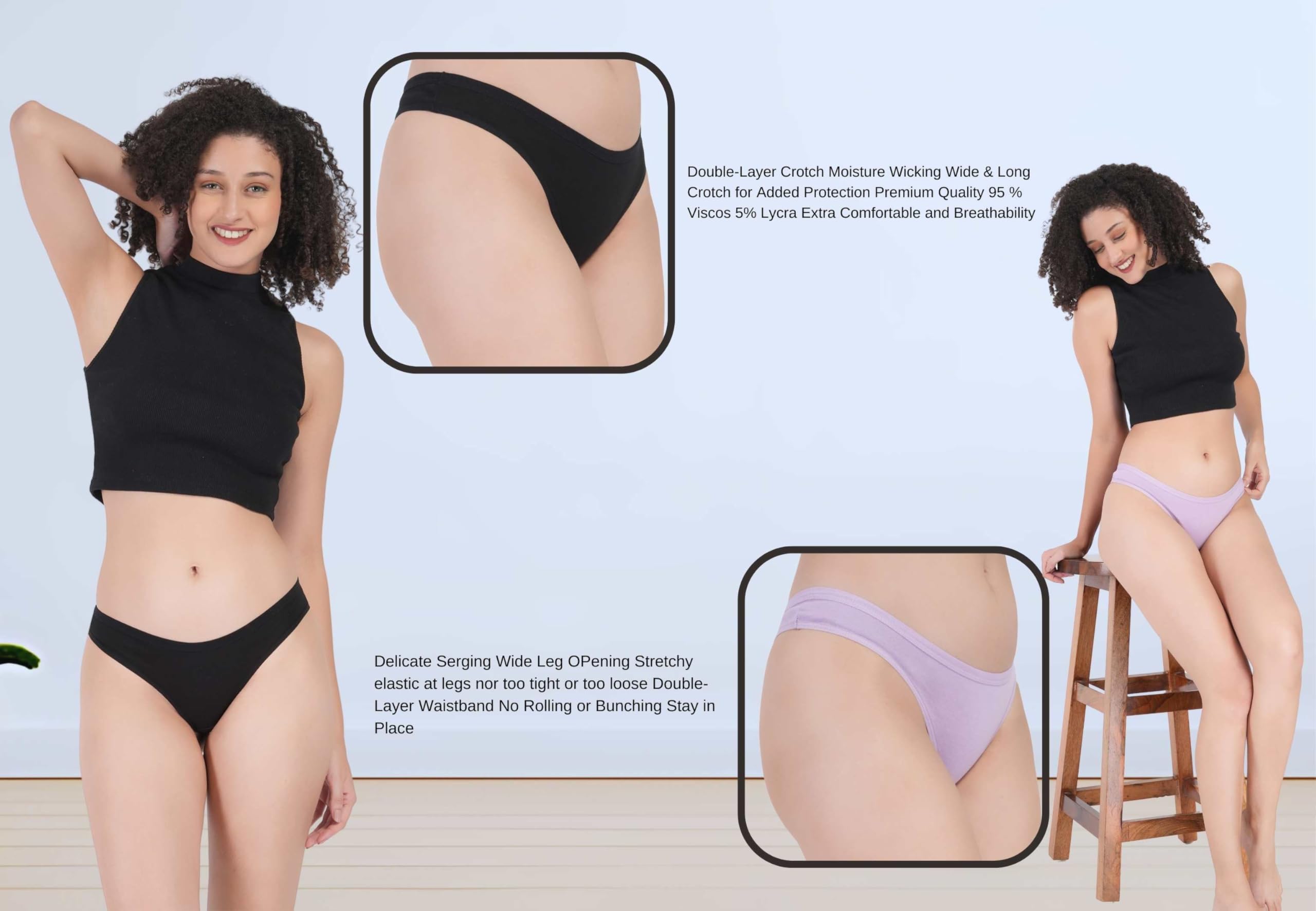 Flosee Women's Viscos Cotton G-Staring Thong Panties, Available in Regular & Plus Size Pack of 2 Black-Purple - Image 3 thumbnail