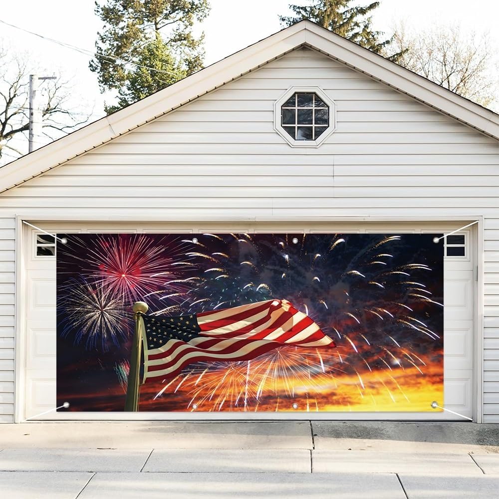 Leyiyi 7x8ft American Flag Garage Door Decorations Banner Fireworks Patriotic 4th of July Garage Door Cover Independence Day Garage Door Banner for Memorial Veterans Day Party Decoration Banner