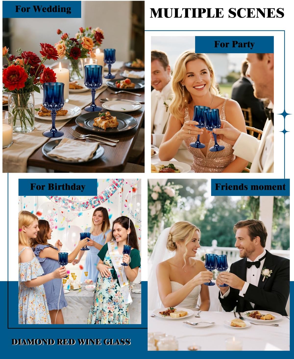 Ciaell 24PCS Blue Plastic Wine Glasses and 12PCS Plastic Martini Glasses for Thanksgiving & Parties & Weddings & Poolside & Toasting & Outdoors