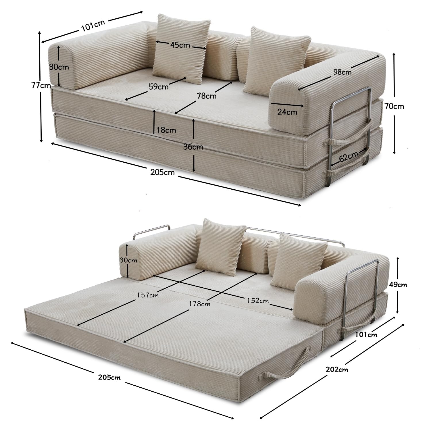 GEDTECH ARMANA 3 Places Convertible Lila en Velours côtelé Beige, modulable, Confortable, Structure en métal - Convertible, Multifonctionnel, livré compressé, Moderne et Personnalisable
