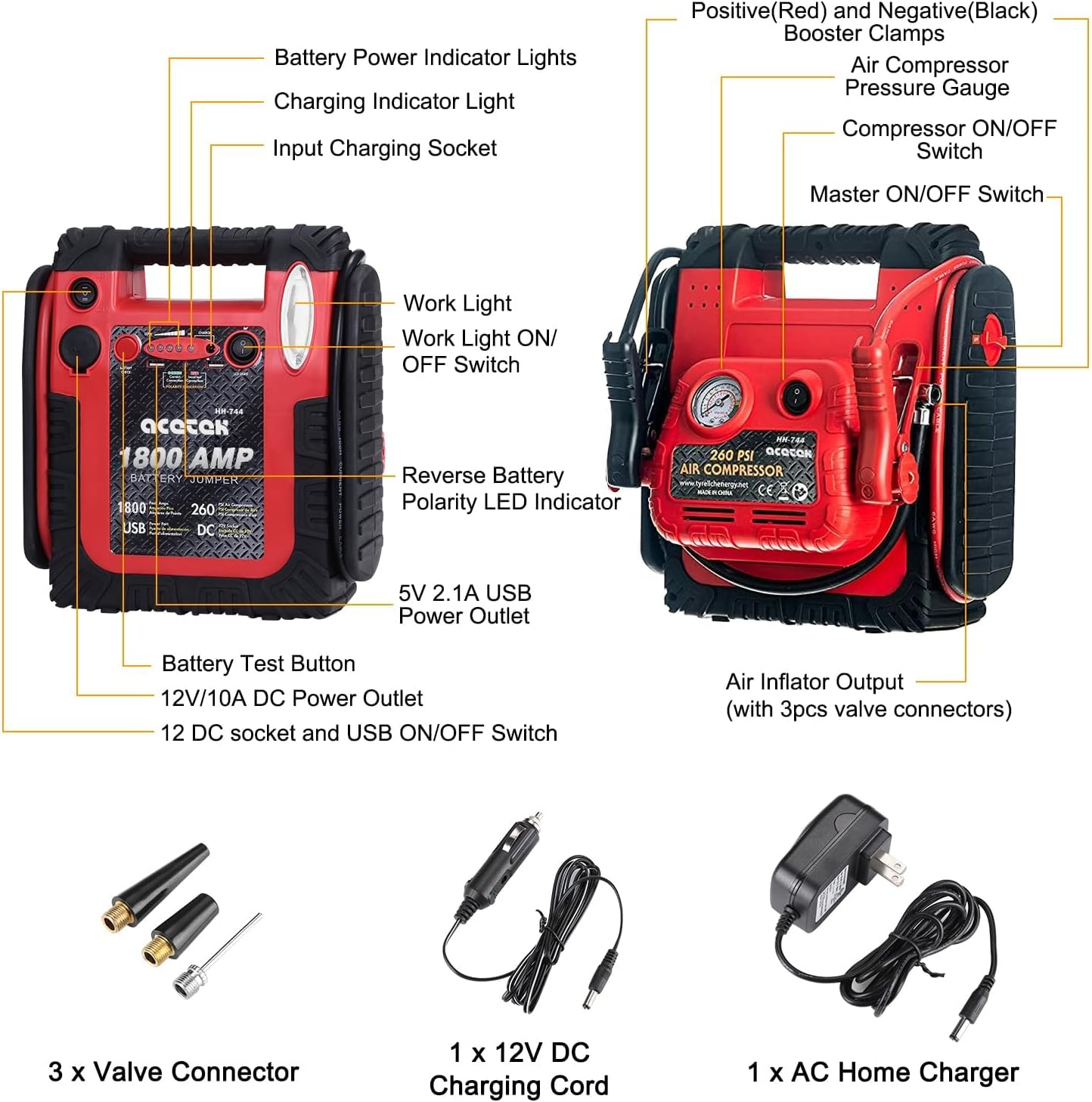1800 Amp Jump Starter with Air Compressor, acetek Car Battery Jump Starter 260 PSI Tire Inflator, 20000mAh 12V Auto Lead-Acid Battery Booster (Up to 6L Gas or 6L Diesel Engine) with LED Light & USB - Image 6