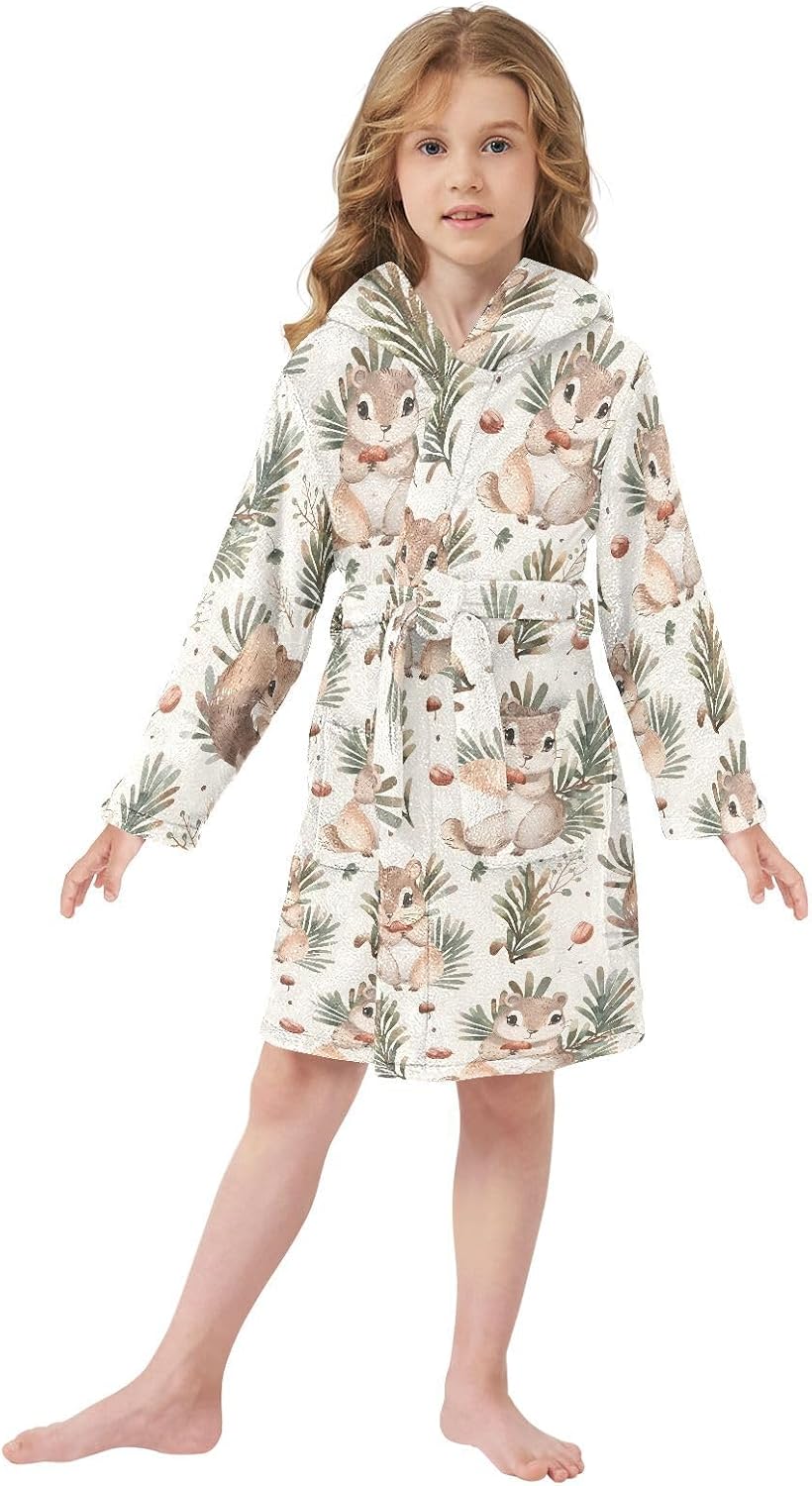 senya Cute Cartoon Squirrel Toddler Hooded Bathrobe Kids Soft Plush Bath Towel Robes for Boys Girls 2-12 Years