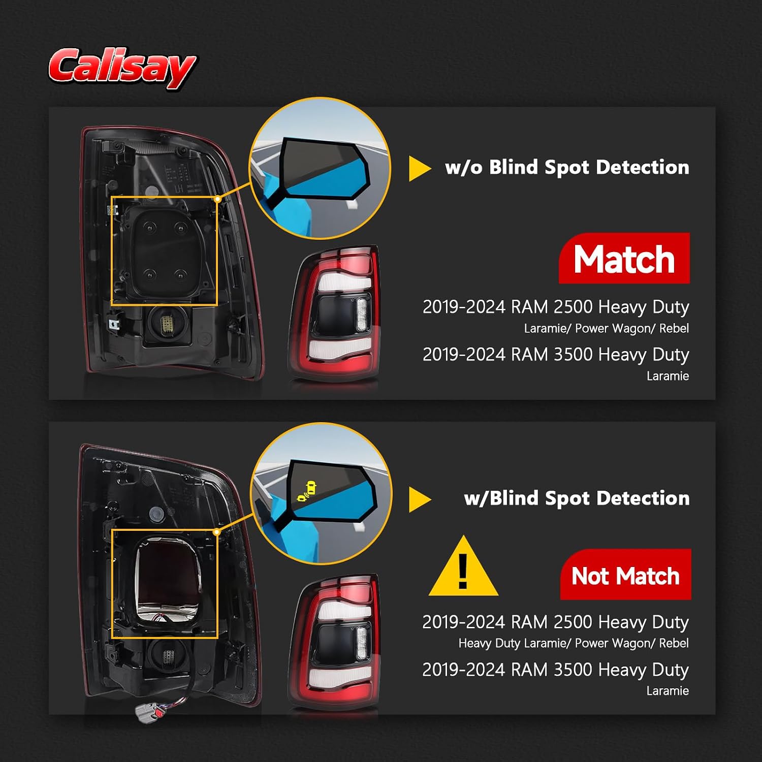 LED Taillights Assembly Compatible With 2019-2024 RAM 2500 3500 HD, Black bezel trim Tail Lights w/o Blind Spot OEM# 68361719AA 68361719AB 68361719AC 68361719AD 68361719AE (Left Driver Side)