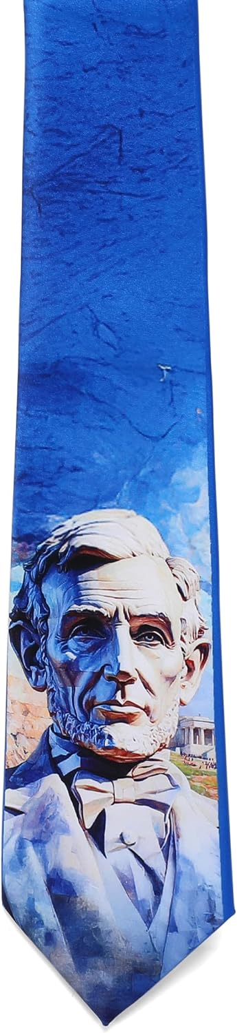 ASVP Shop Patriotic Abraham Lincoln Neck Tie – Blue Mens Novelty Tie with Lincoln Memorial Design – Historical Tribute Neckwear for Formal & Casual Wear