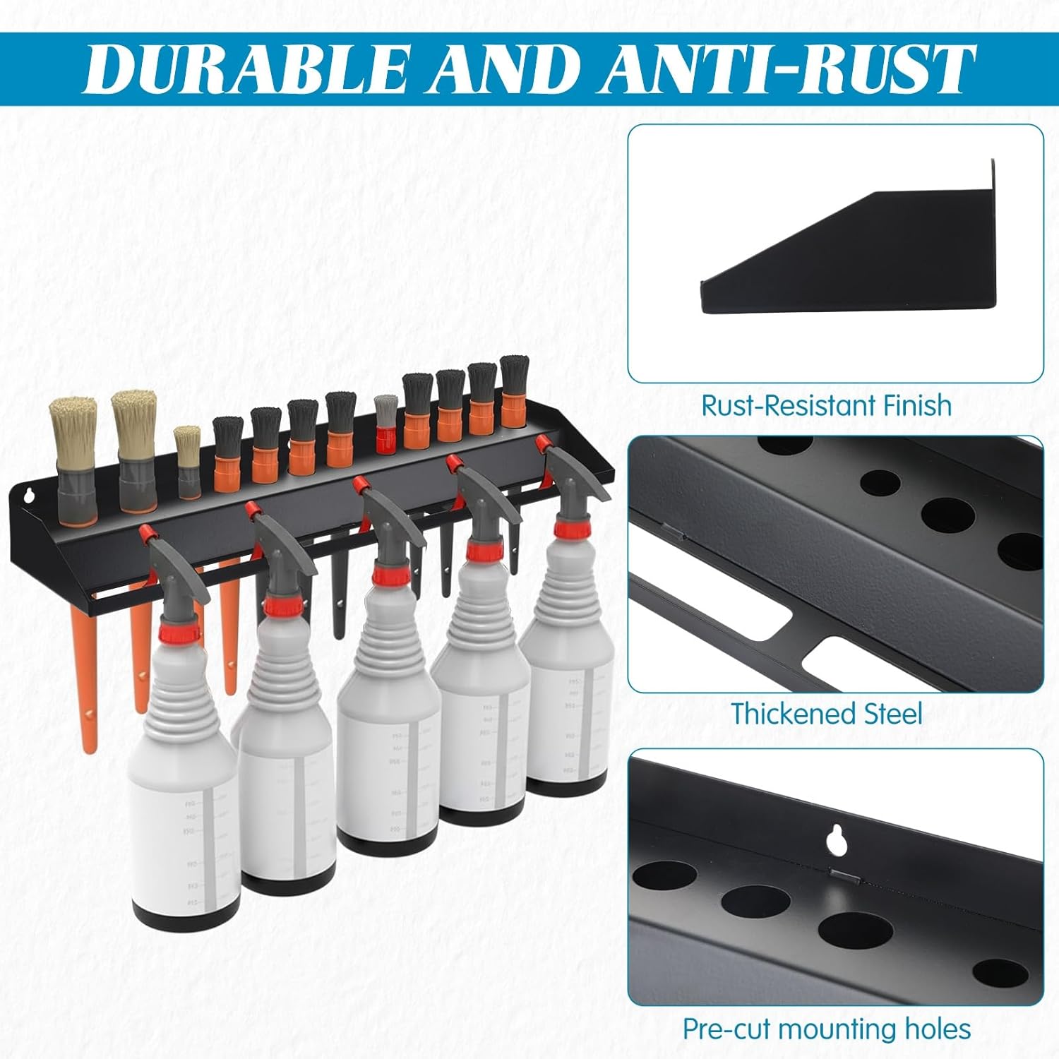 AceOrbit Car Detailing Brush Holder 2 in 1 Auto Detailing Spray Bottle Storage and Detail Brush Rack Wall Mount Organizer Holds 12 Brushes & Multiple Spray Bottles for Garage and Workspace Black