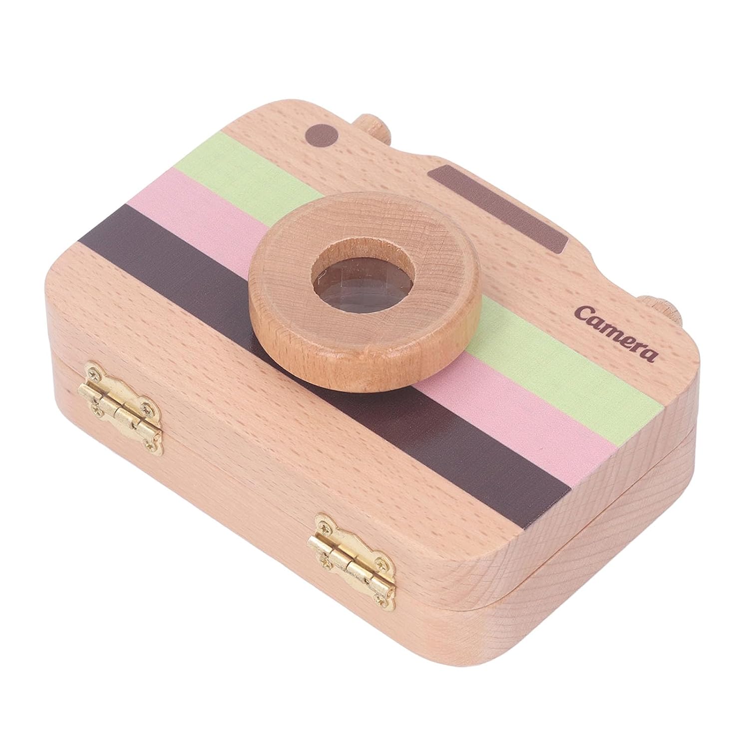 Camera Shaped Tooth Holder for Kids, Baby Tooth Storage Box with Safety Latch, Wooden Fetal Hair and Teeth Keepsake Box, Includes 2 Glass Bottles, Cotton, Tweezers, Stickers (Type 1)