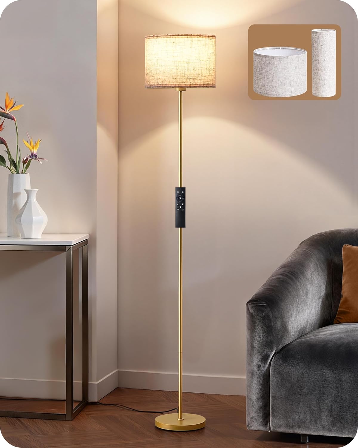 EDISHINE Modern Floor Lamp with 2 Shades, Adjustable Brightness & Color Temperature, Remote Control, Minimalist Standing Lamp, E26, A19 Bulb Included, Dimmable for Living Room, Bedroom, Gold
