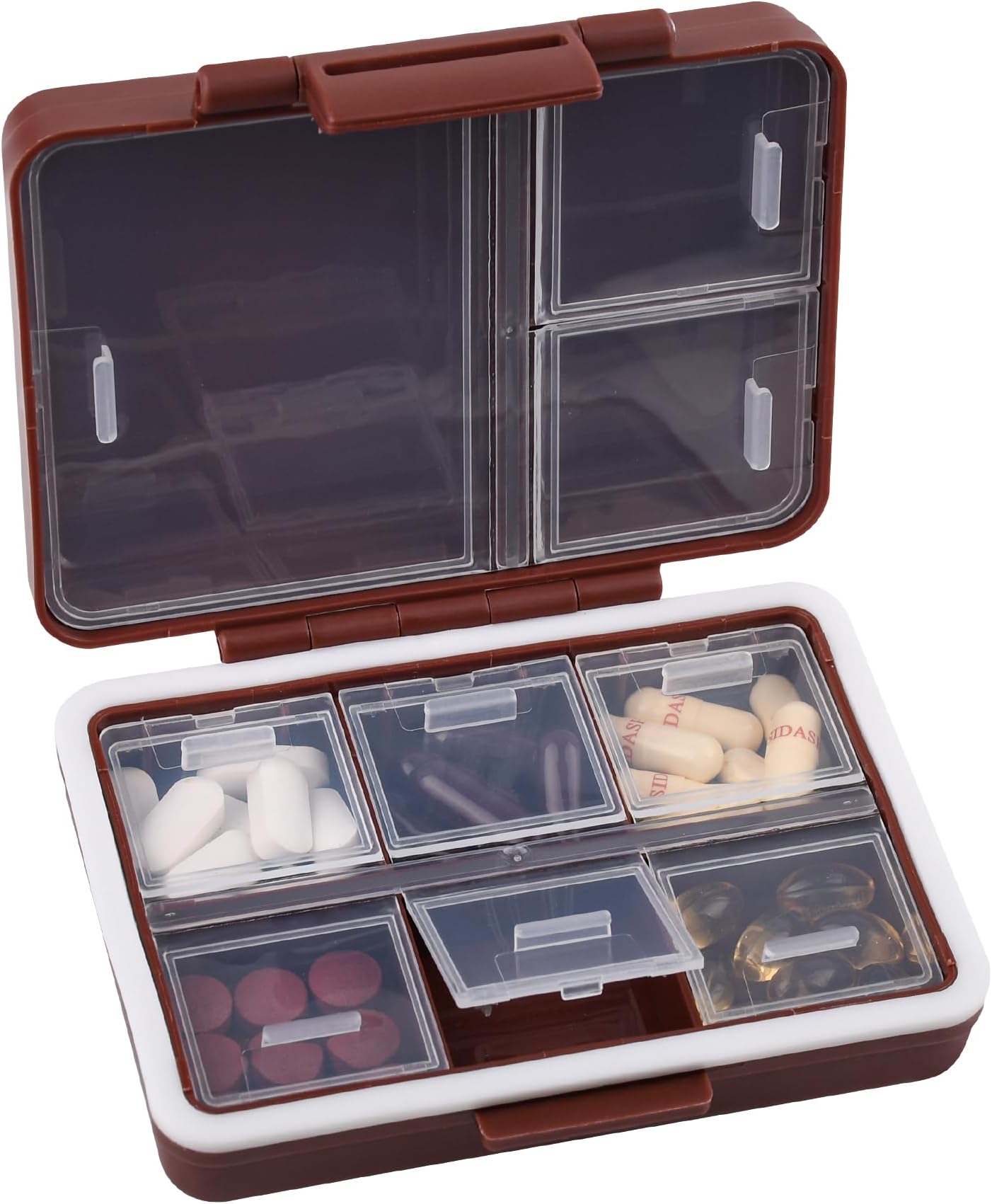 9 Compartment Pill Organizer,Waterproof Travel Medicine Case (Brown