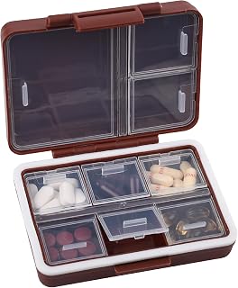 9 Compartment Pill Organizer,Waterproof Travel Medicine Case （Brown | Large capacity compartments for vitamins, fish oils, and supplements. Portable pill box ideal for travel and daily use.