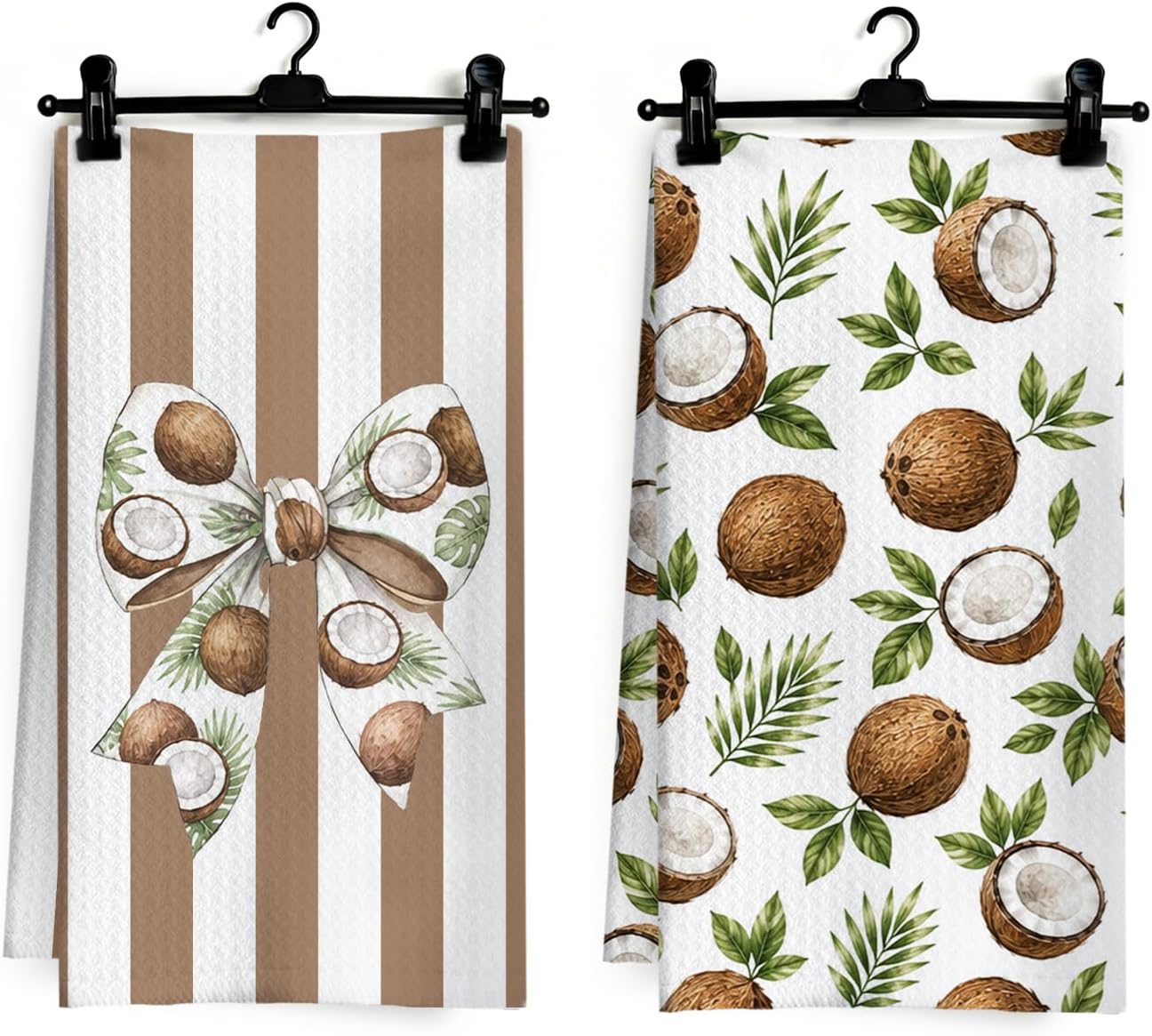 Coquette Bow Coconut Kitchen Dish Towels, Coconut Gifts, Brown and White Striped Fruit Decorative Hand Tea Towels for Kitchen Bathroom, 16x24 Inch Set of 2