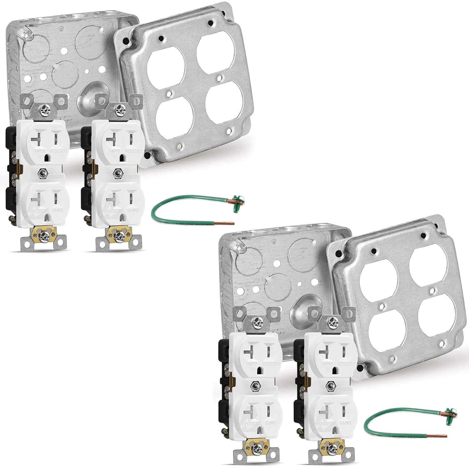 Electrical Box Bundle - 4 x 4 Inch Metal Electrical Outlet Box with Outlet Cover Box, 2 Receptacles and Grounding Wire | Drawn Construction Electrical Box with Knockouts | Airmont Products
