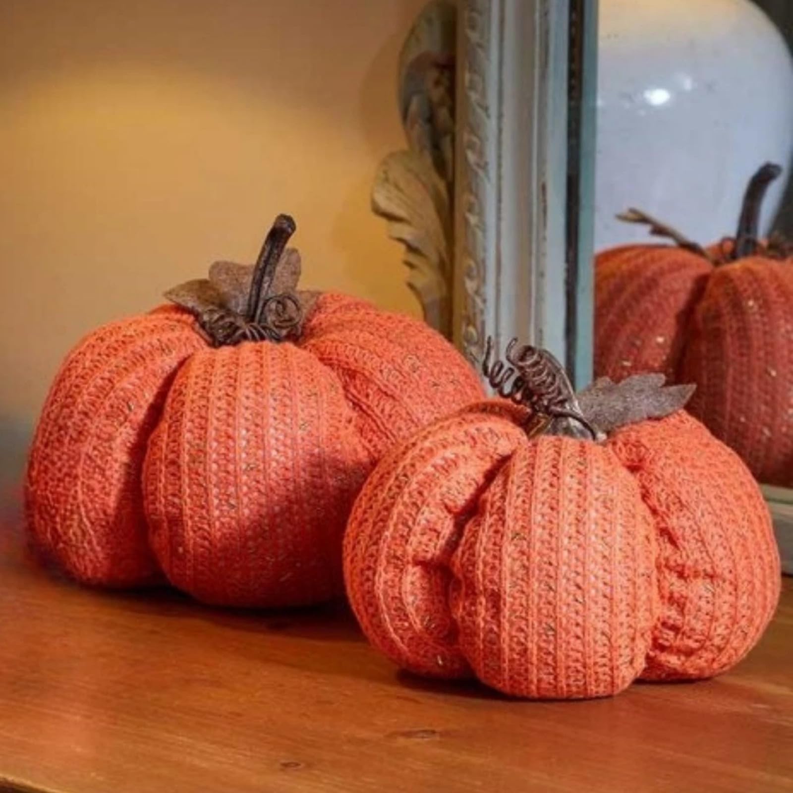 Marco Paul 2pc Artificial Pumpkins Autumn Decorations - Orange Halloween Pumpkin Decorations for Seasonal Home Dercor Halloween Decorative Ornaments Faux Pumpkins (13cm & 18cm)