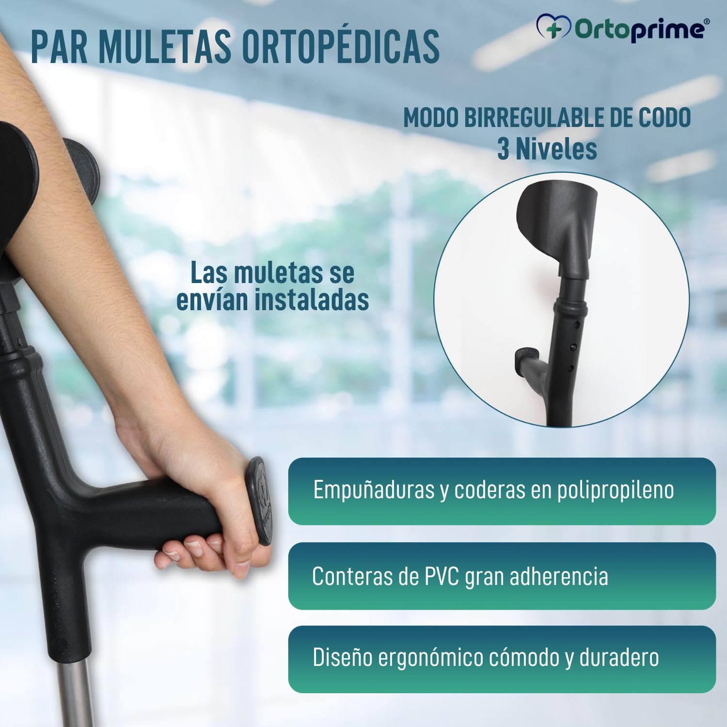 OrtoPrime Muletas Adulto Regulables aluminio PACK 2 UNIDADES - Muletas Ortopédicas con contera Antideslizante - Muletas anatómicas CONFORT - Muletas Adulto regulables - FABRICADO EN ESPAÑA, Negro