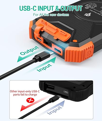 Miniatura 5 de Blavor - Paquete de batería externa solar, cargador inalámbrico Qi de 10,000mAh, entrada y salida tipo C, linterna doble superbrillante, brújula con