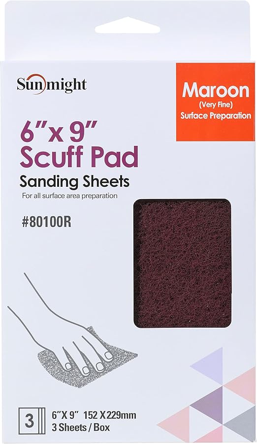 Sunmight Scuff Pads for Paint Prep Retail Pack 6" x 9" - Maroon 80100R - Aluminum Oxide - Surface Prep & Sanding Cloth - Abrasive Hand Pads for Auto, Marine, Aerospace- 3 Very Fine Sanding Sheets