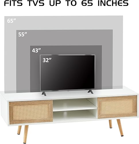 Miniatura 6 de Soporte de TV de madera para TV de más de 65 pulgadas, soporte de televisión bohemio con puertas correderas de ratán natural y estantes ajustables,