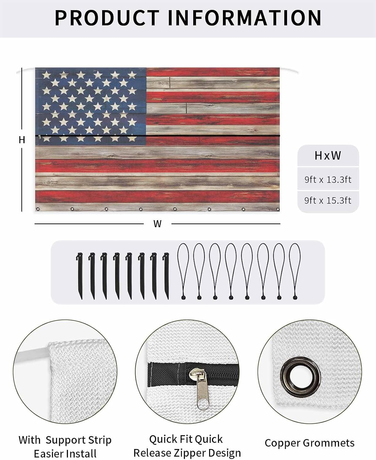 American Flag RV Awning Sun Shade Screen 9' x 15'3", Red Striped Blue Star Mesh RV Awning Shades Complete Kits, Vintage Wooden Sunlight Blocker Outdoor Canopy for Camping Trailer Motorhome