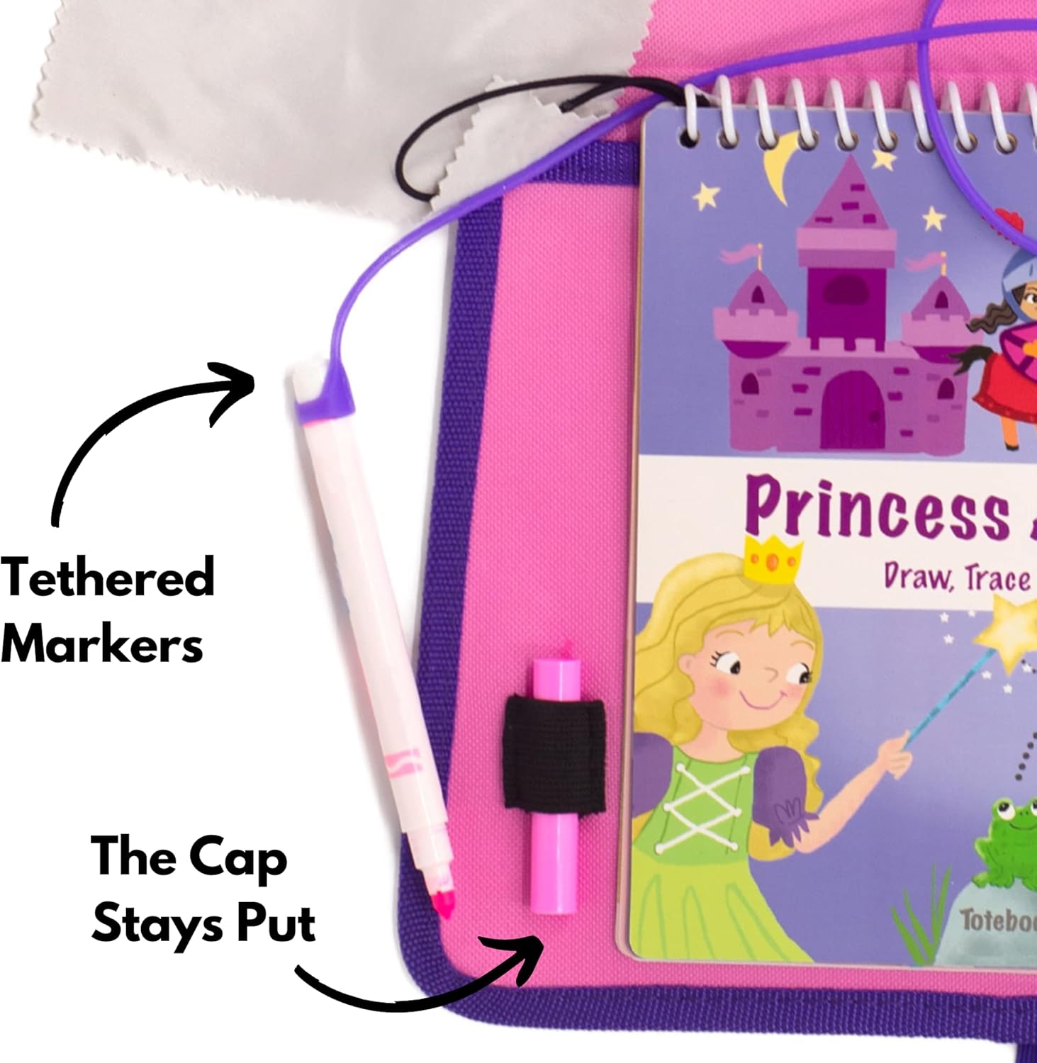 Totebook Kids Travel Dry Erase Activity Kit for Ages 3-8 with Tethered Washable Markers to Prevent Drops, Includes 18 Pre-Reading Activities with Reusable Stickers- New for 2023 (Princess Theme) : Toys & Games