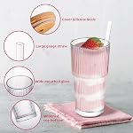 ALINK 2 Pack 20 oz Ribbed Glass Cups Tumblers with Bamboo Lids and Straws,Glassware Set Thickened Glass, Ideal for Iced Coffee,Cocktails,Juices Mason Jar Drinking Glasses