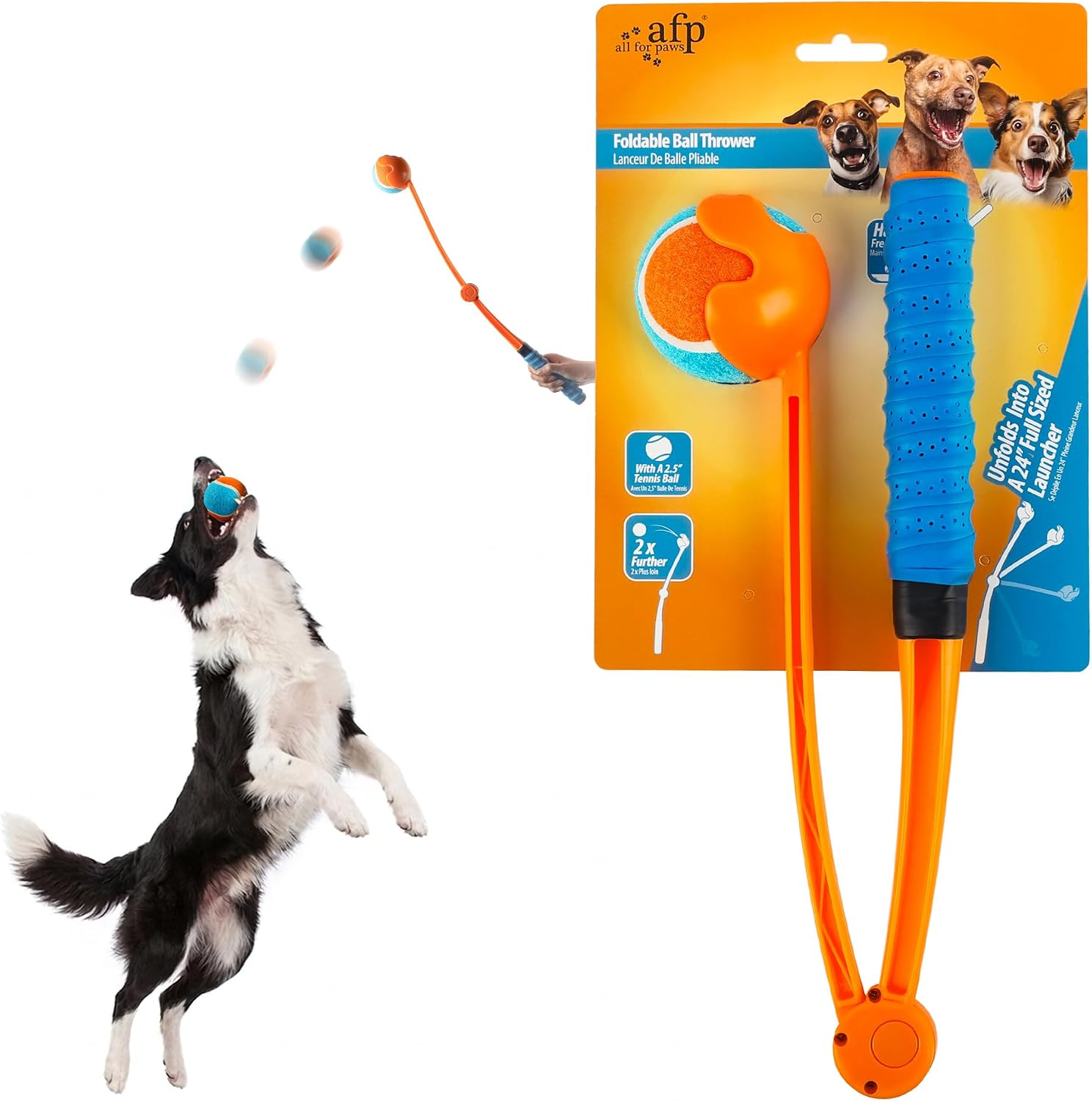 ALL FOR PAWS 25" Dog Ball Launcher, Foldable Ball Thrower with 2.5" Medium Tennis Ball, Dog Fetch Toy with Non-Slip Handle, Portable Outdoor Fetch Toy for Dogs 20-60 Pounds