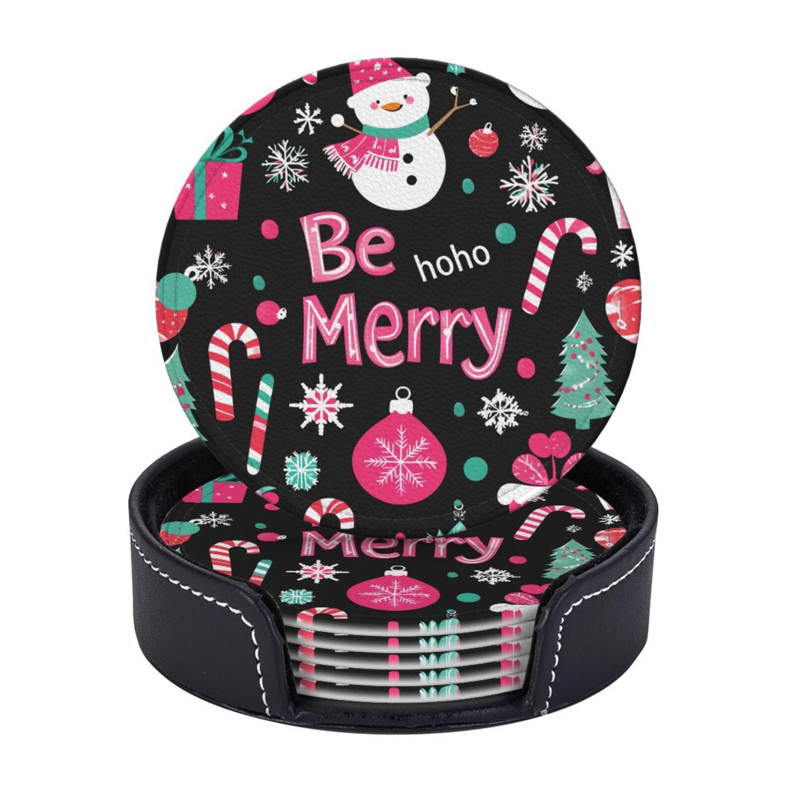 6 Pack Pink Xmas Leather Coasters for Drinks with Holder Sets Cute New Year Heat Resistant Drink Table Cup Coasters for Kitchen Dining Cafe Xmas Table Decor Round
