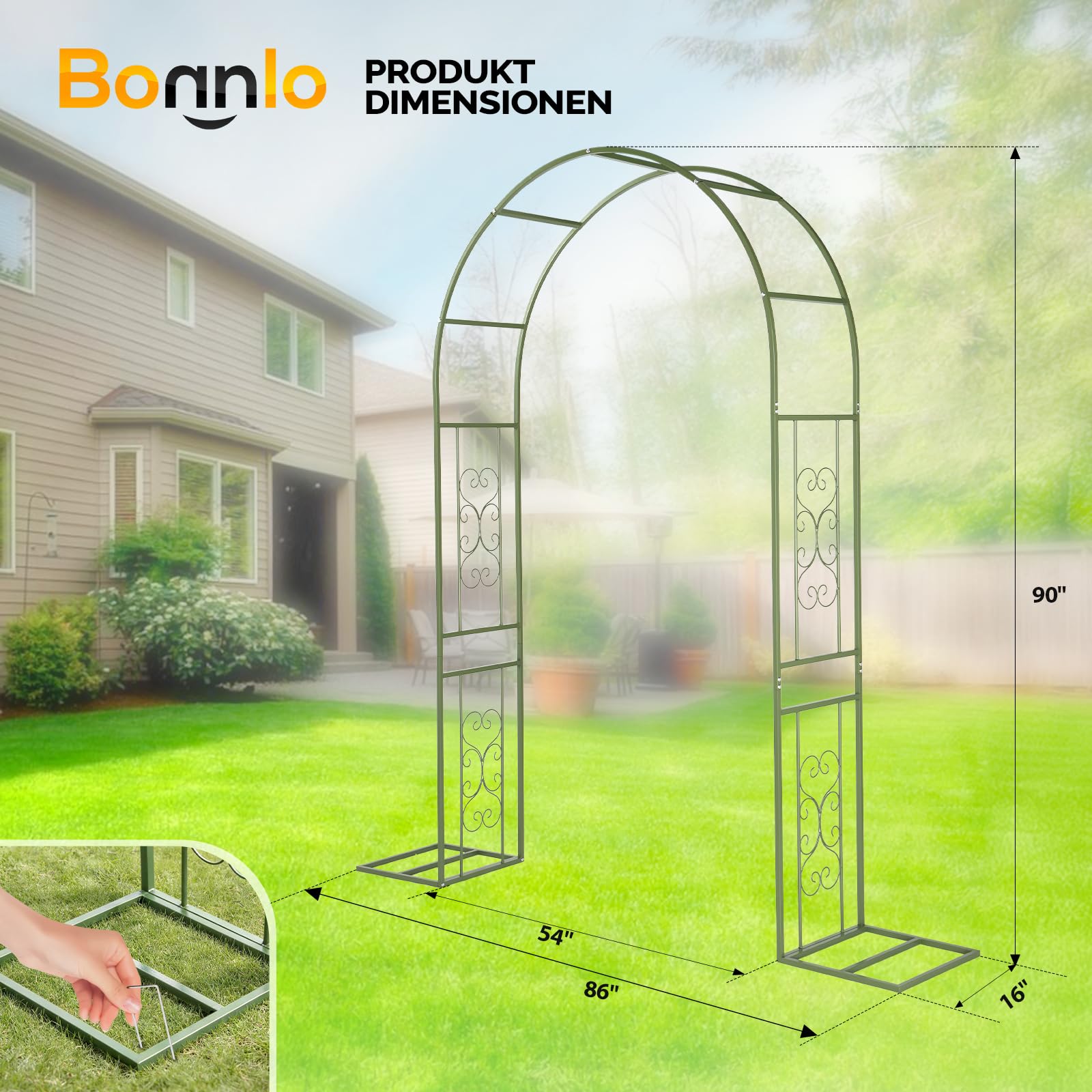 Bonnlo Arco metallico resistente per rose,Supporto rampicanti per piante da giardino, Arco per portone per giardino, prato e matrimoni,Adatto per interno ed esterno, 217 x 40 x 230,5 cm,Verde