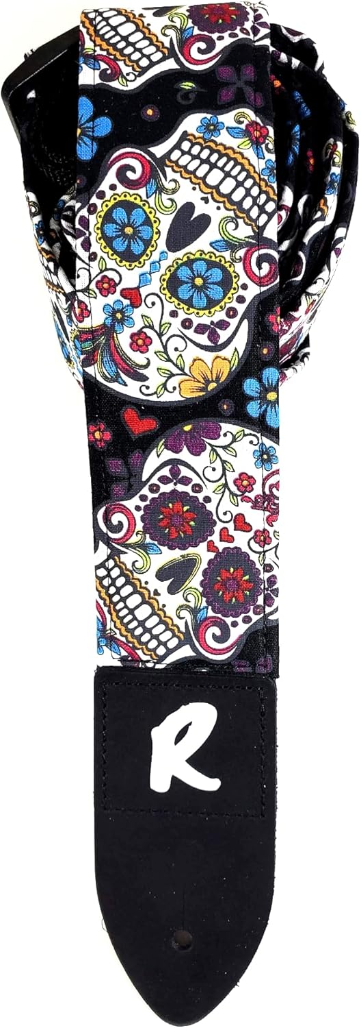 Sugar Skull Guitar Strap, Mexican, Genuine Leather Ends, Includes 2 Strap Locks & 1 Pick. Adjustable Strap, Pick Pocket, For Bass, Electric & Acoustic Guitars Gift for Guitar Players Men, Women & Kid