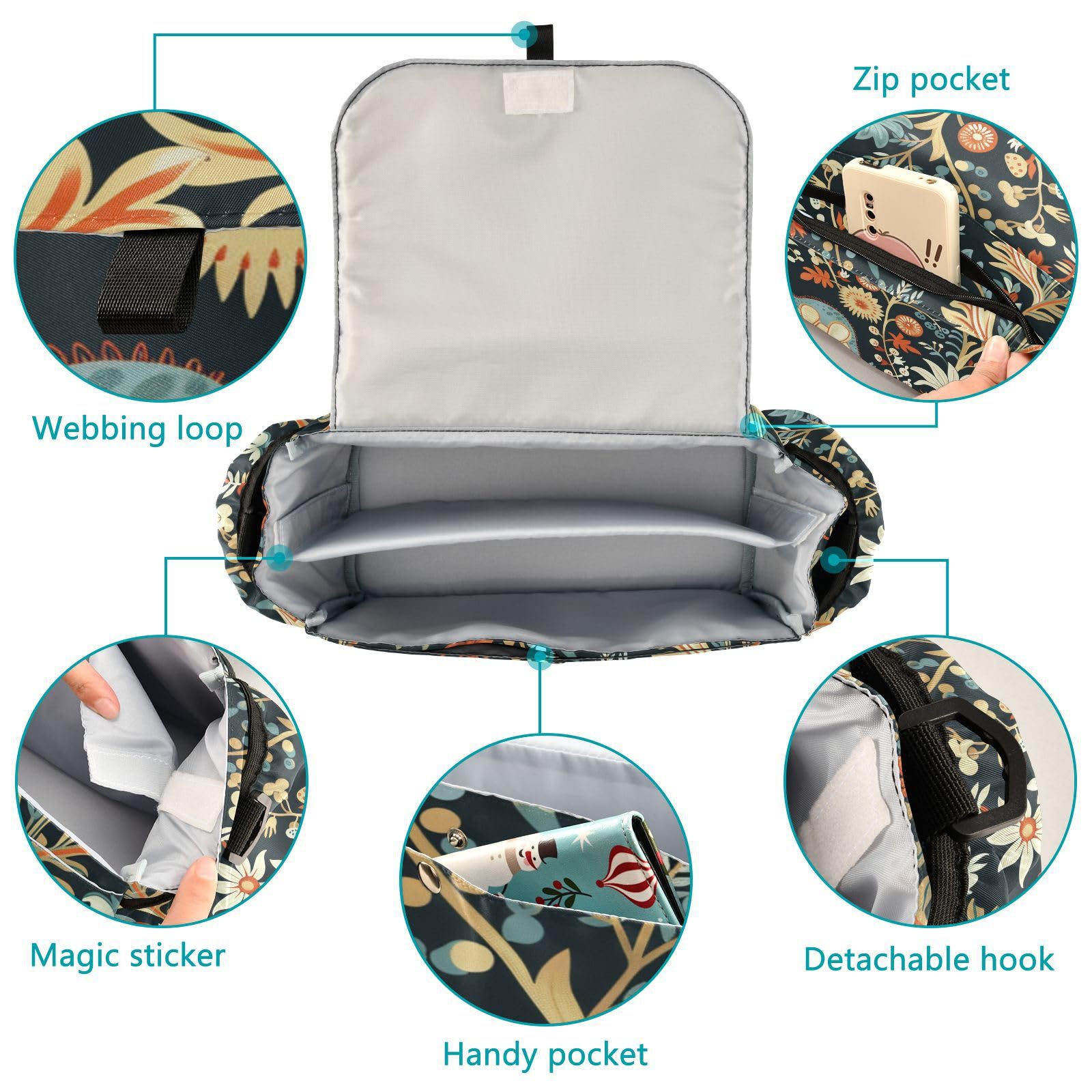 miaozhen William Morris Dino Flower Colorful stroller organizer bag double stroller caddy organizer magic sticker accesorios para carros de accesorios para carriolas de