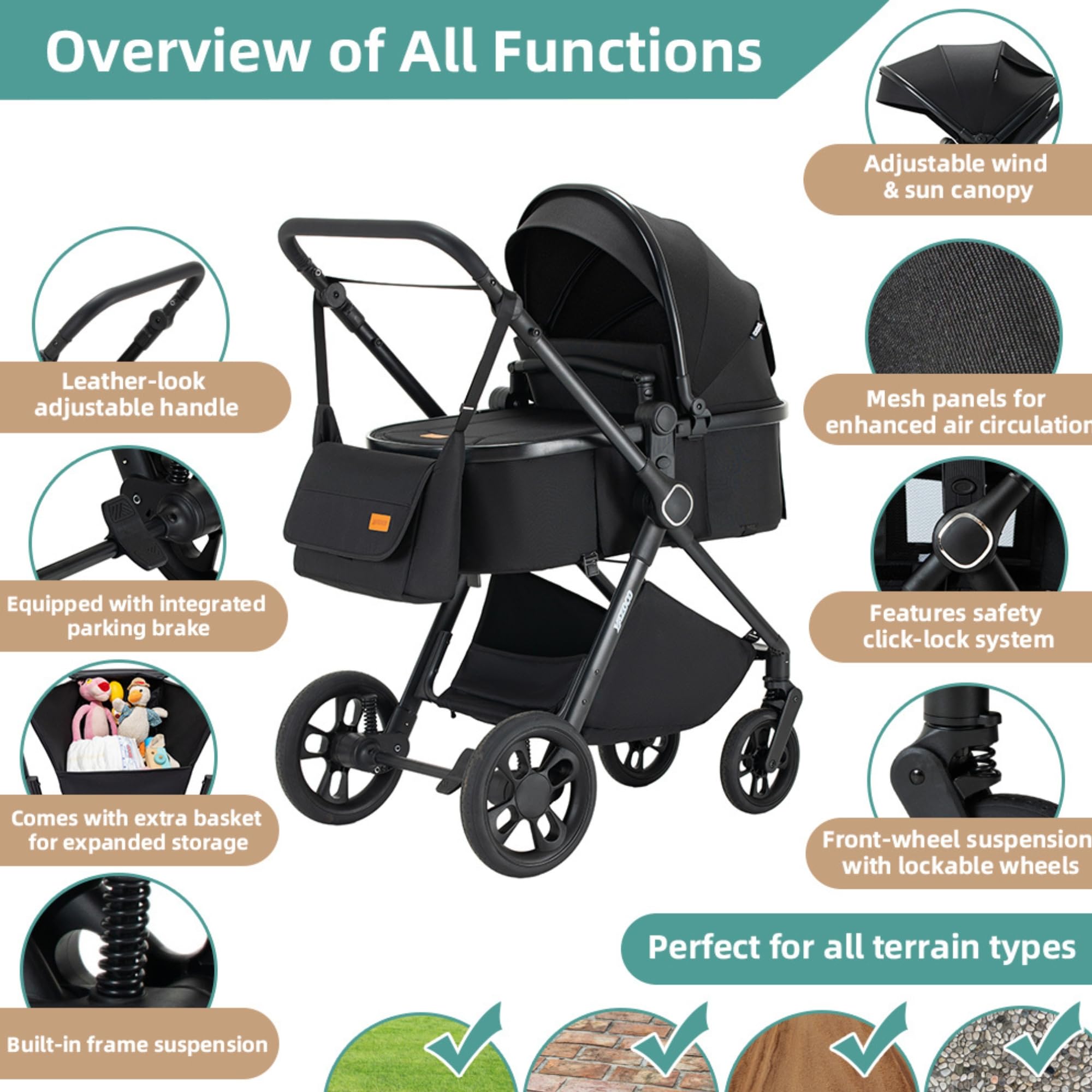 Passeggino 3 in 1 passeggino trio con ovetto I-SIZE | Navicella è Pieghevole, Carrozzina Maniglia è Regolabile,per Bambini dalla Nascita a 3 Anni