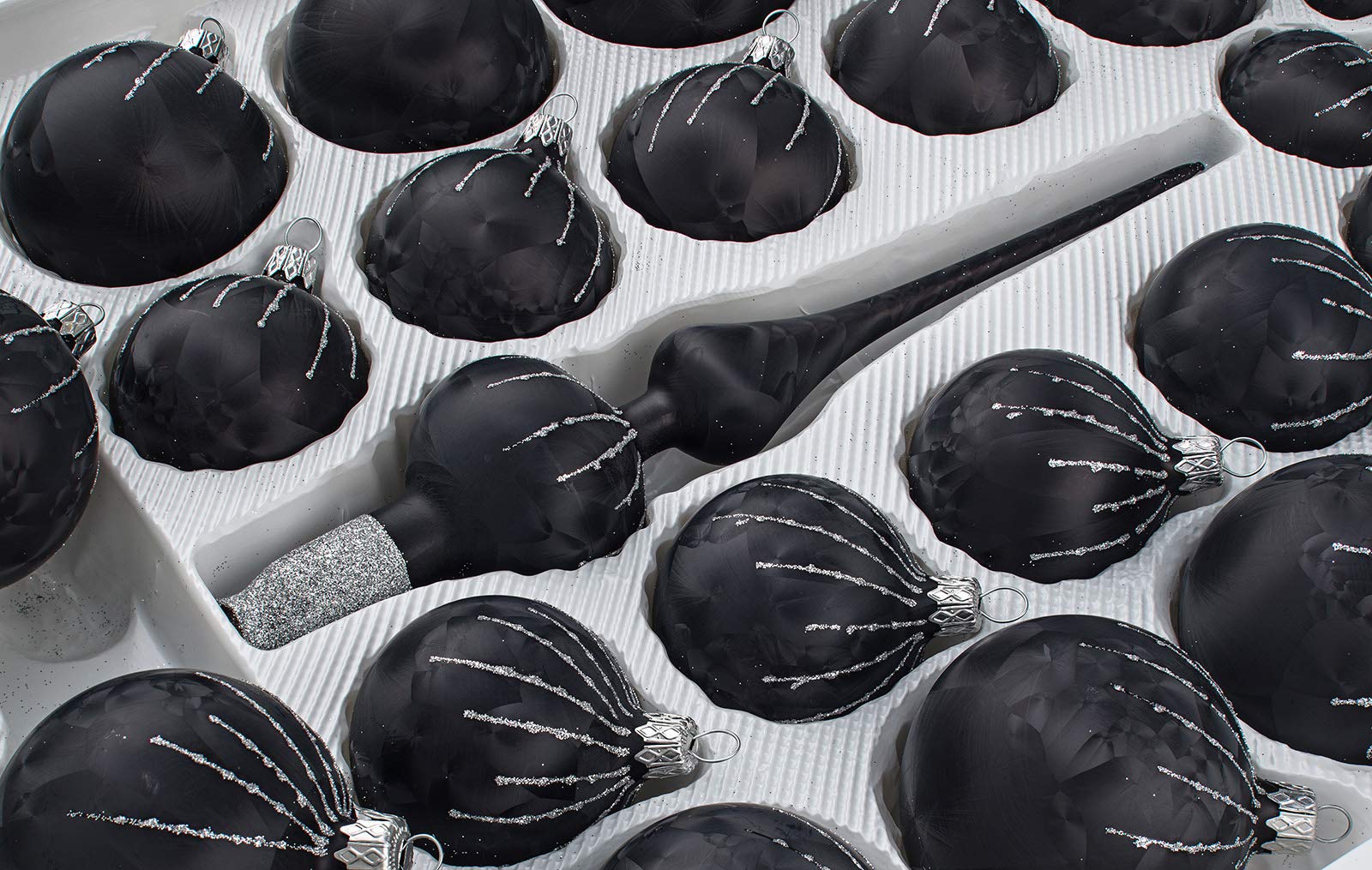 39 TLG. Glas-Weihnachtskugeln Set in 'Ice Schwarz Silber' Regen - Christbaumkugeln - Weihnachtsschmuck-Christbaumschmuck