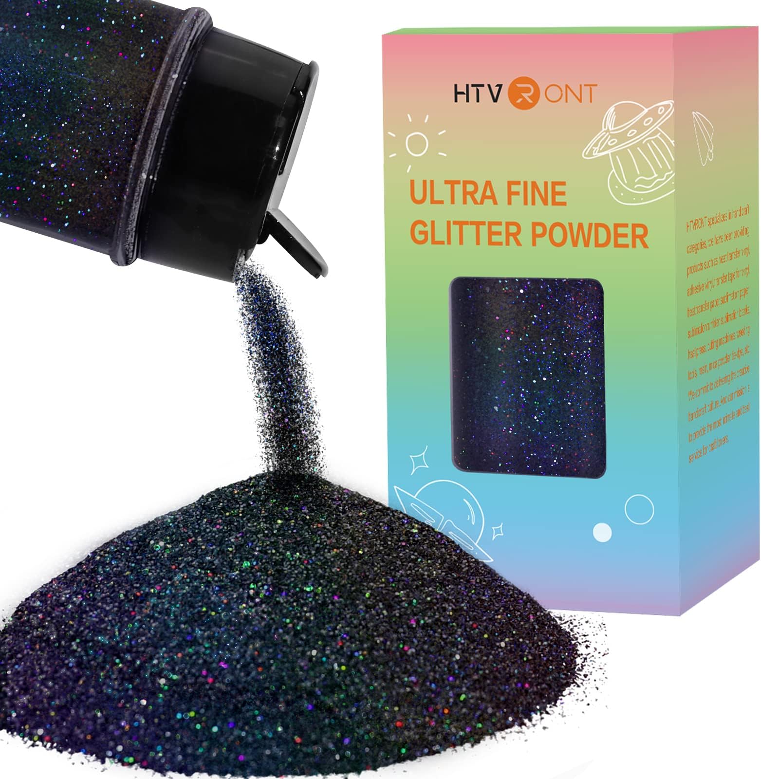 HTVRONT Holographic Fine Glitter Powder - 50 g/1.76 oz Black Glitter for Resin, 0.008" Extra Fine Glitter for Tumblers, Cards, Nail Hair Body Decors, Art and Crafts